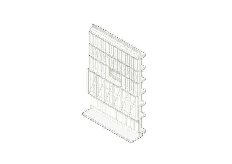 Axonometric detail of gridded facade panel with diagonal bracing pattern and horizontal floor slabs