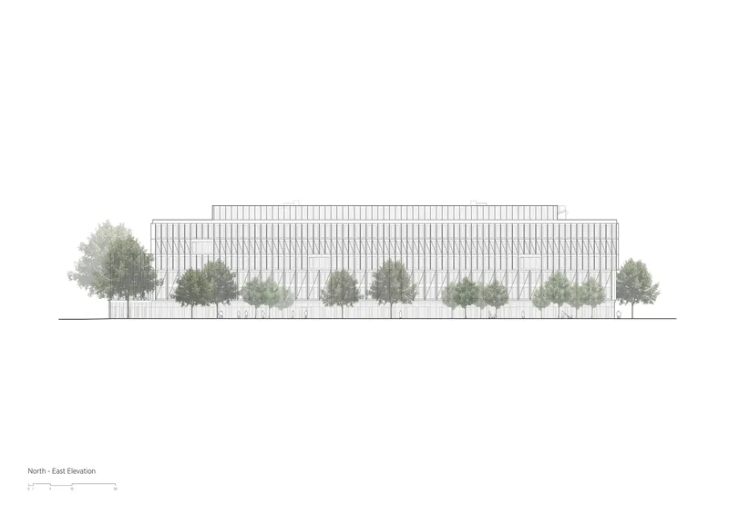 North-east elevation drawing showing elongated facade with vertical fins and row of trees