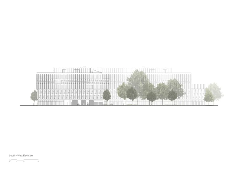 South-west elevation drawing depicting elongated volumes with vertical louvers and a row of trees