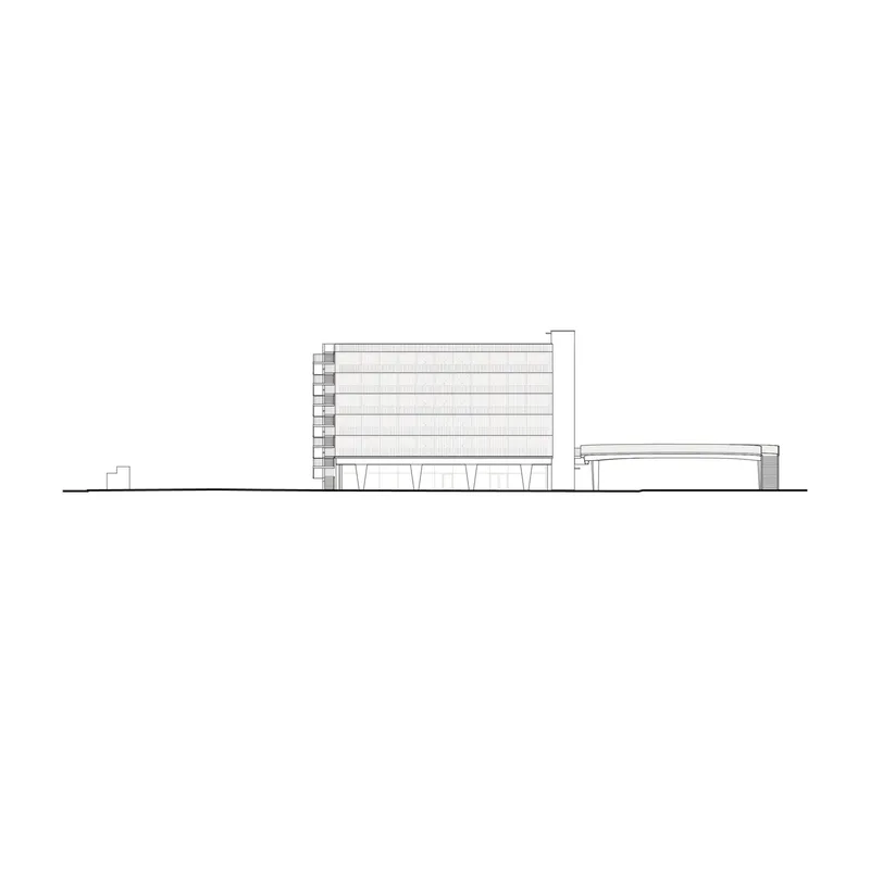 Elevation drawing showing a horizontal multi-story volume on columns with a low-slung adjacent pavilion