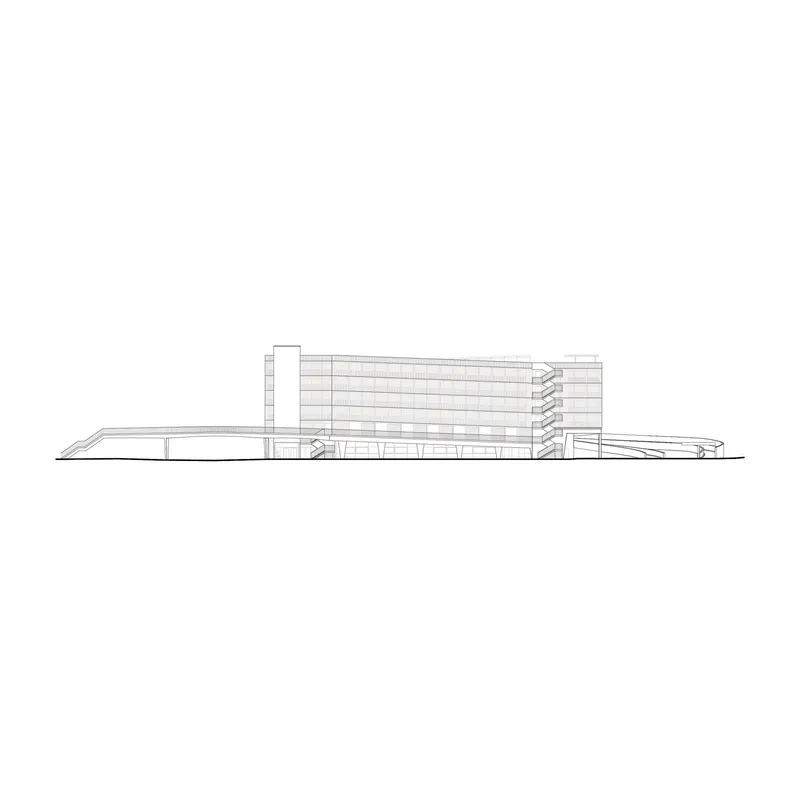 Elevation drawing depicting a layered horizontal building with cantilevered floor plates and a canopy structure