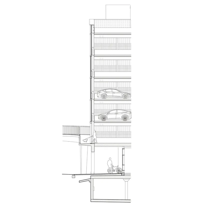 Section drawing revealing parking levels with two vehicles and a pedestrian with stroller at ground level