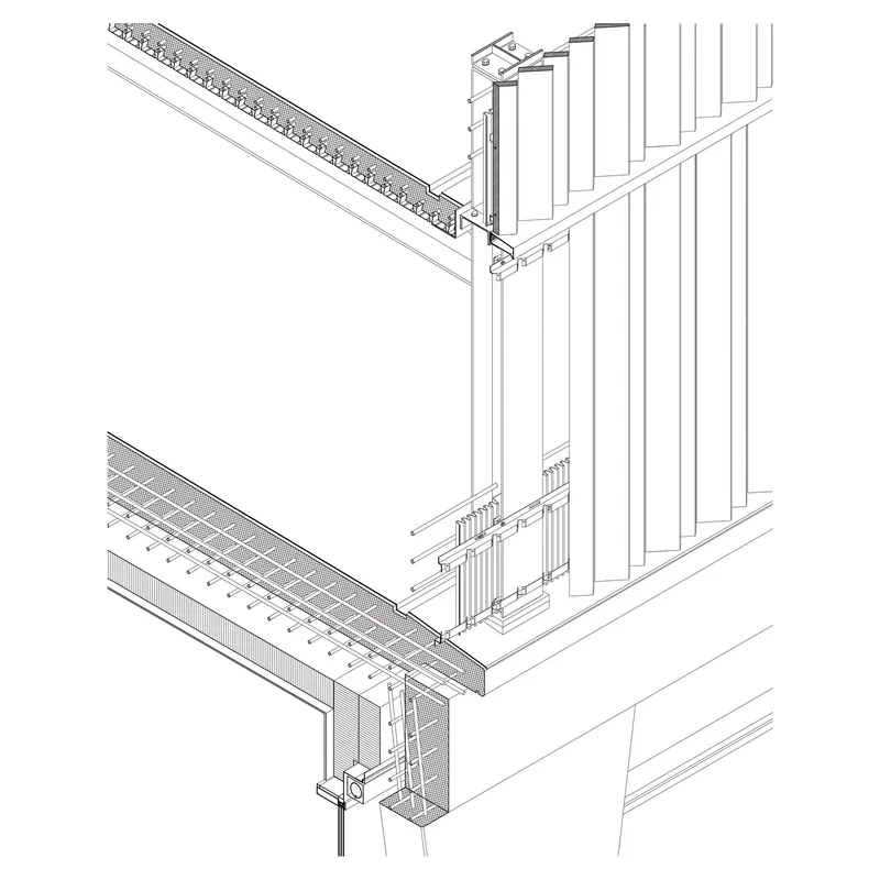 Axonometric detail drawing of a structural corner assembly with beam and column connections