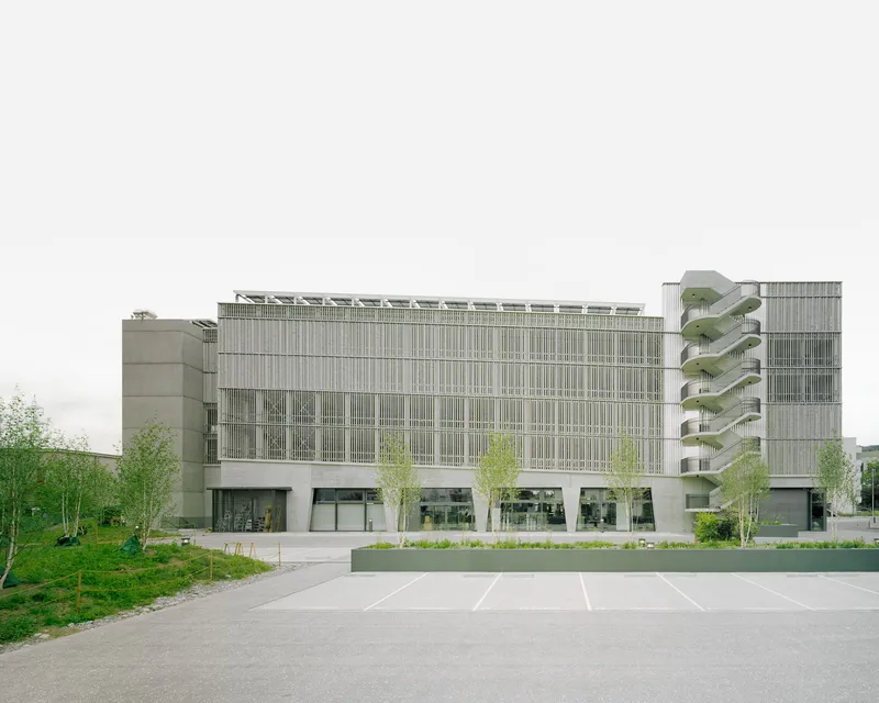 Street view of the vertically louvered facade with planted landscaping and a young birch grove in front