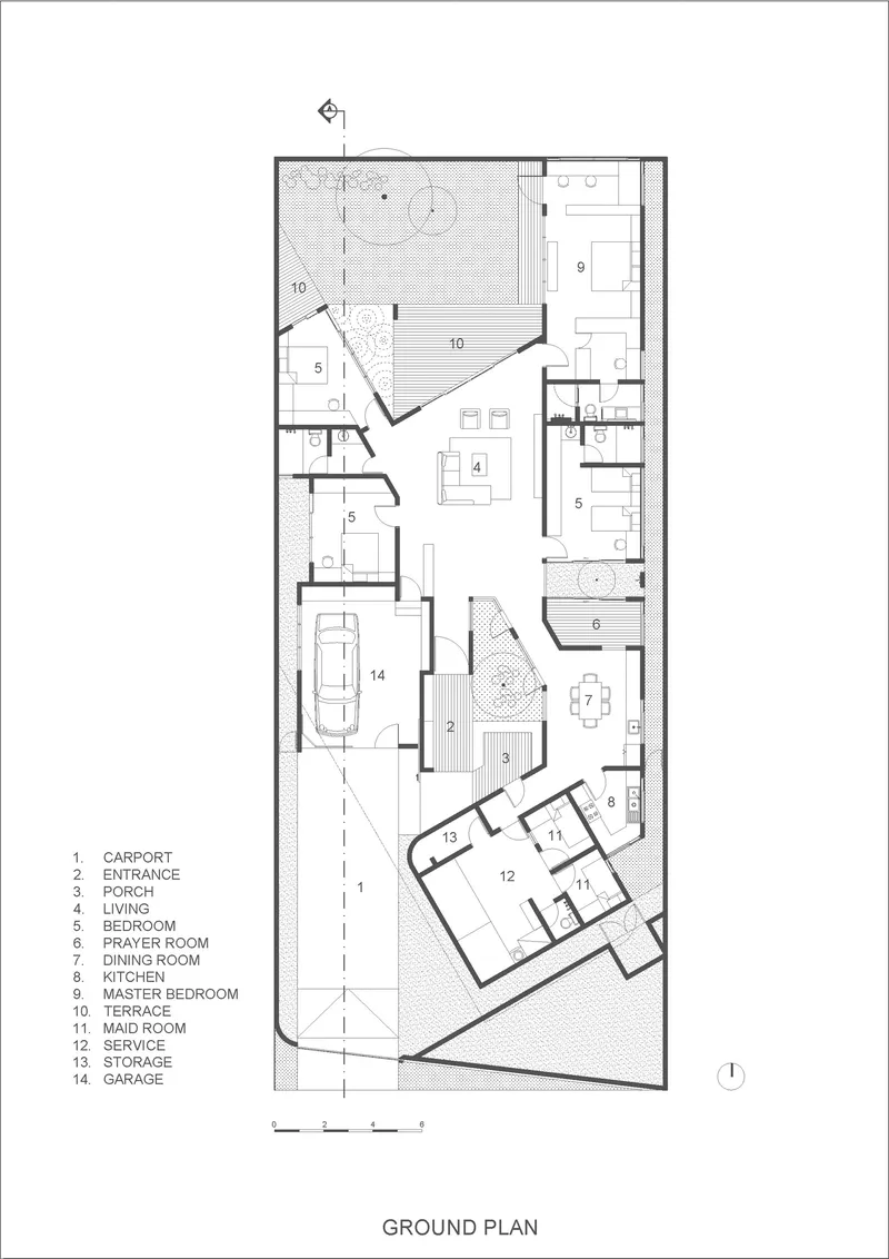 Ground floor plan drawing showing an angular residential layout with carport, living areas and bedroom wing