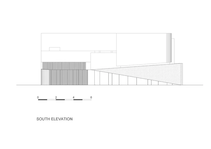 South elevation drawing depicting vertical timber cladding and a triangular screened outdoor area