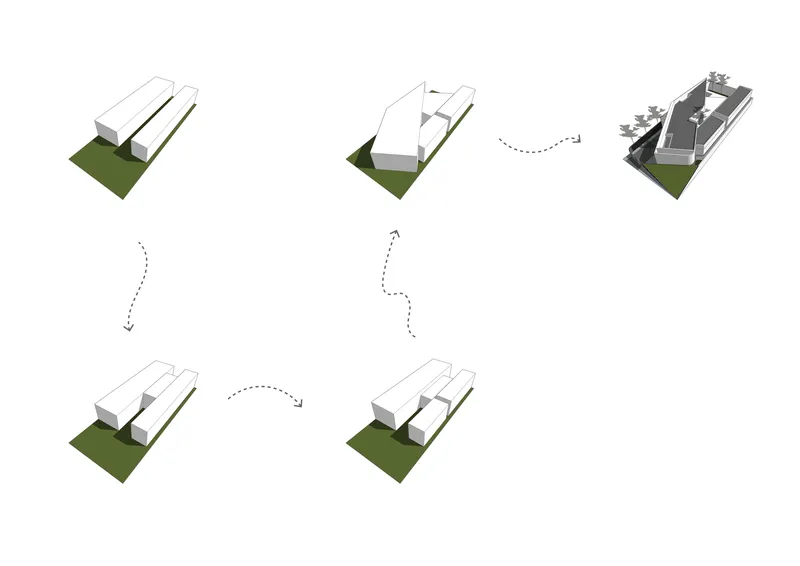 Axonometric diagram sequence illustrating the formal transformation of the massing in six steps