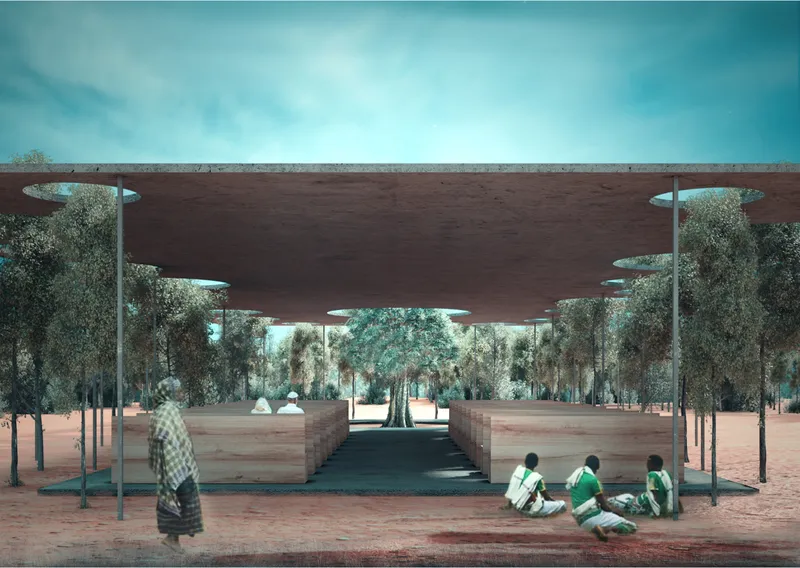 A forest chapel organized around a central tree, blending worship, shade, and sustainable architecture.