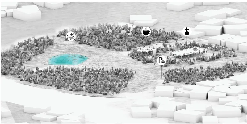 Site zoning connects the chapel, pond, parking, and forest into one ecological plan.