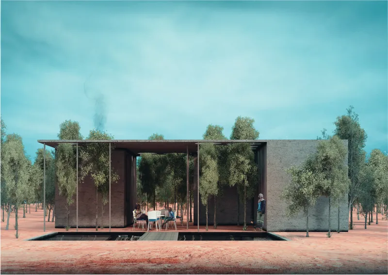 Service spaces and chapel functions are embedded within the forest landscape.