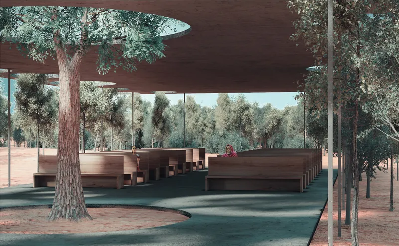 Trees pass through the chapel roof, turning nature into the main architectural element.