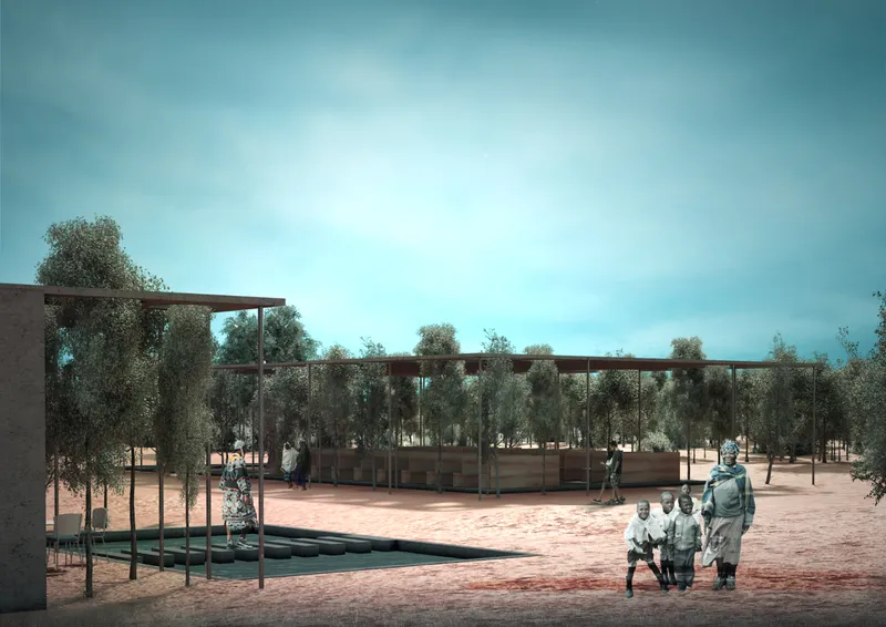 The chapel opens into the forest, creating a calm threshold between community and sacred nature.