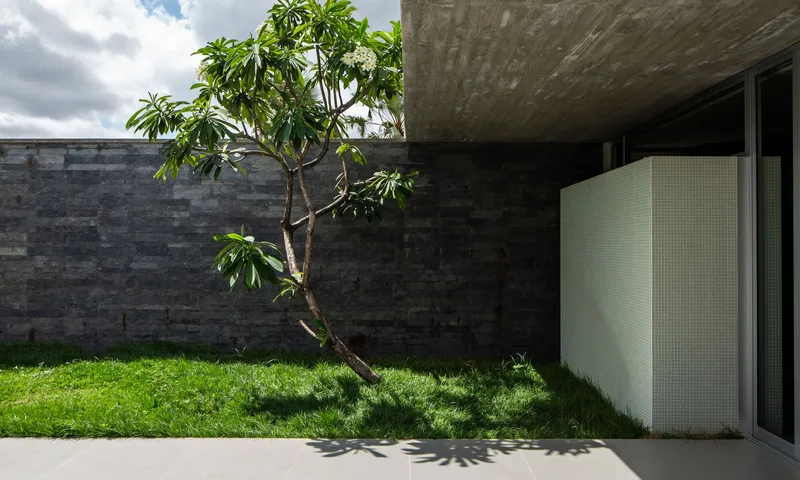 Corner of the layered stone wall with frangipani tree casting shadows on concrete paving