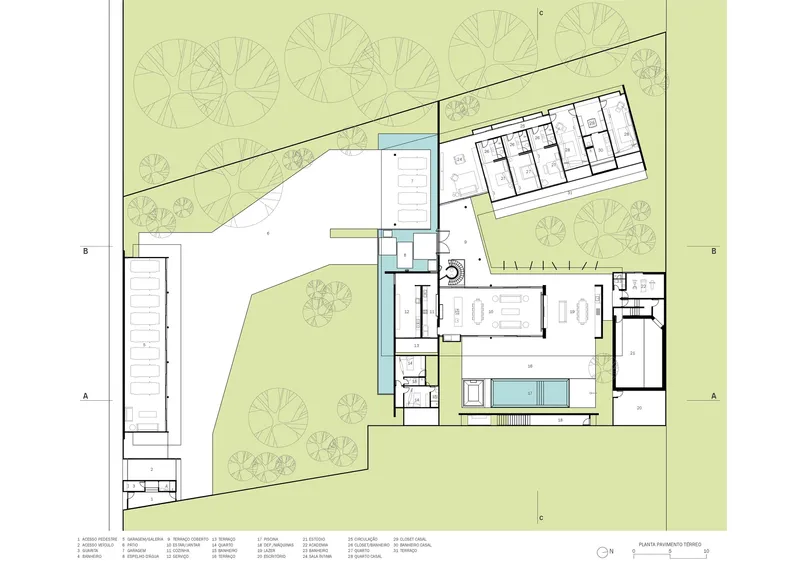 Site plan drawing showing L-shaped volumes organized around a central pool with landscaped surroundings