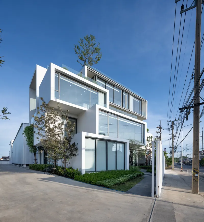 Corner facade showing white-framed glass panels and rooftop tree emerging from planted green buffer at street edge