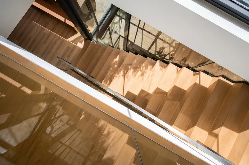 Top-down view of timber staircase with glass balustrade and dappled sunlight from overhead glazing