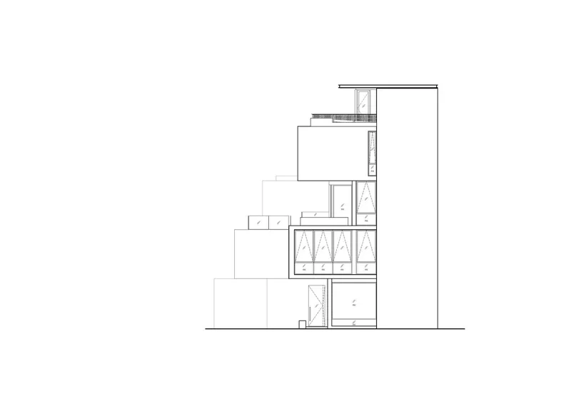 Elevation drawing of a stepped building with staggered floor plates and full-height glazing