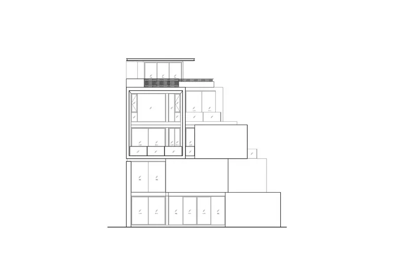 Elevation drawing showing a terraced facade with alternating solid volumes and glazed bays