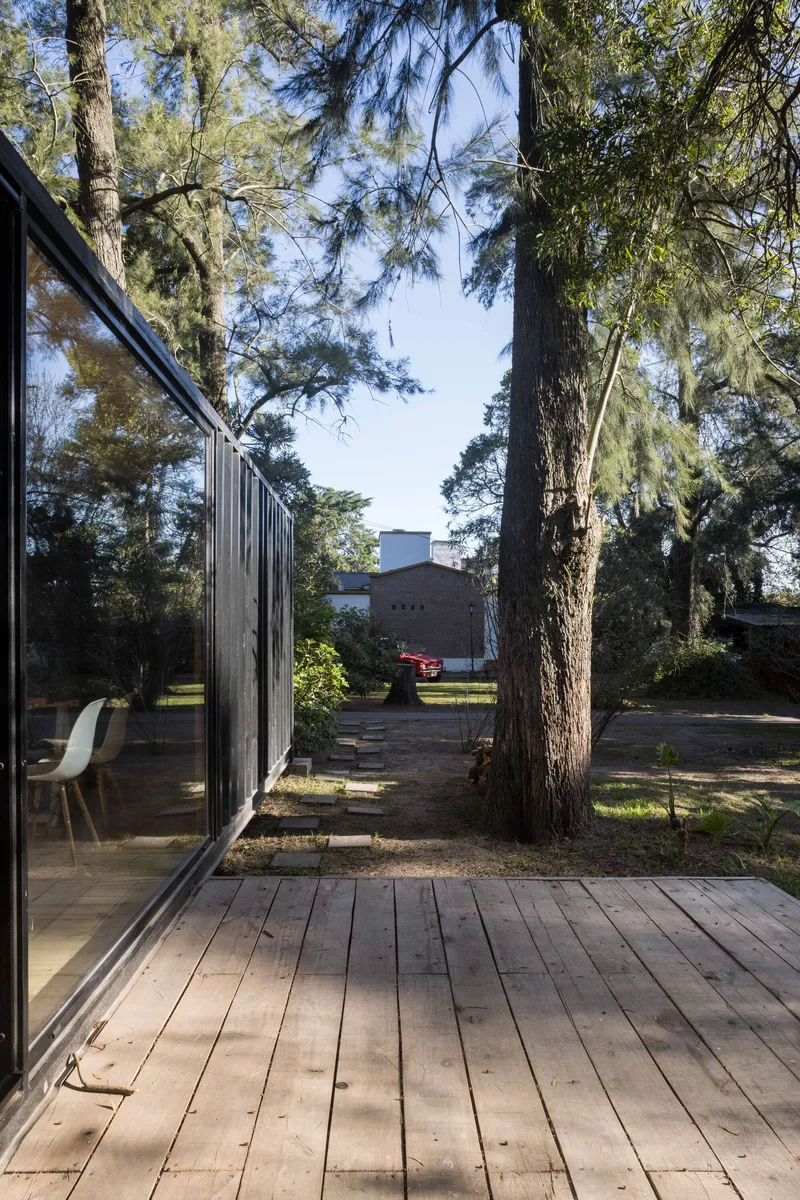 Timber deck extending from sliding glass doors with vertical black metal cladding and pine trunks framing the view