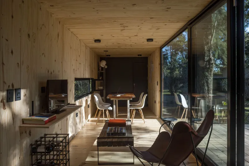 Interior view of the pine-clad living area with glazed wall reflecting surrounding trees in afternoon light