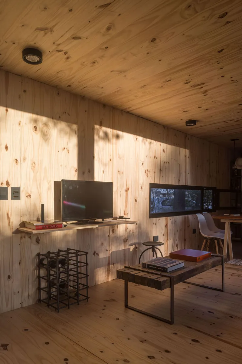 Knotted pine wall and ceiling surfaces with dappled sunlight filtering through a horizontal ribbon window