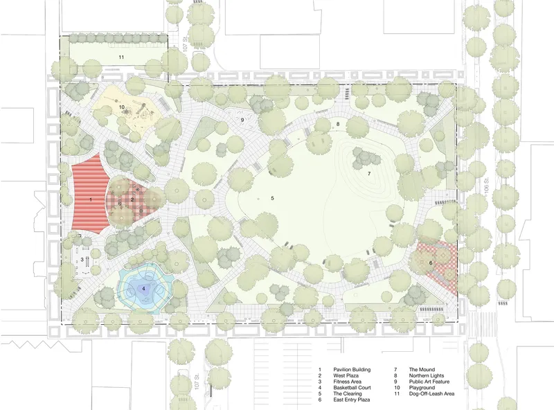 Site plan drawing showing a pavilion structure within a landscaped park with pathways and tree canopies