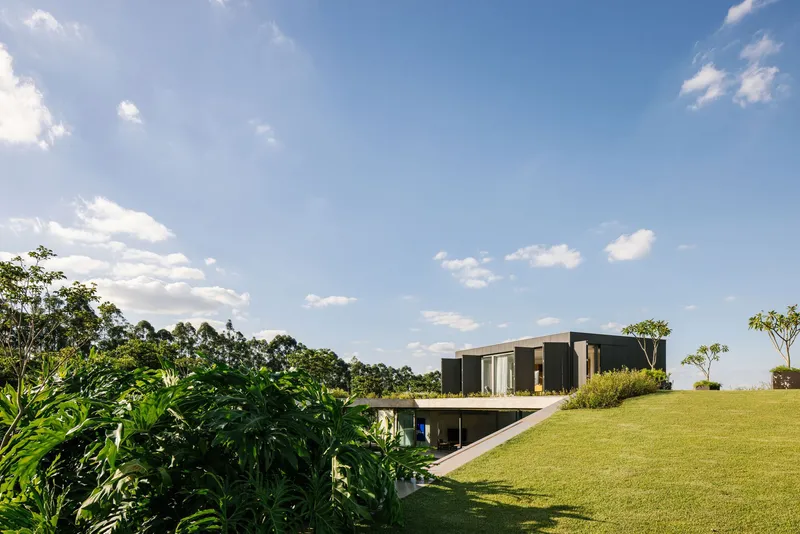 Grass-covered roof extending over the lower level beside tropical planted beds