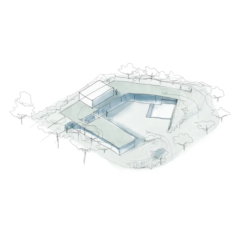 Axonometric drawing showing the courtyard layout with surrounding wings and landscape plantings