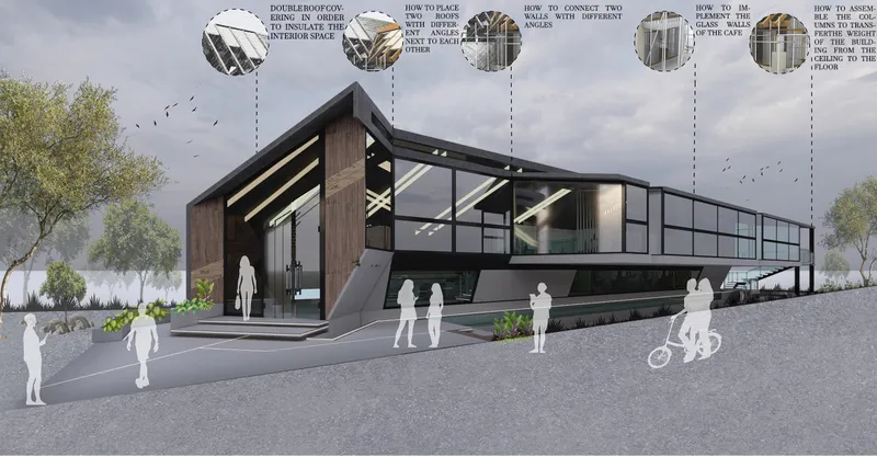Contemporary café architecture combining timber, glass, and elevated social spaces.