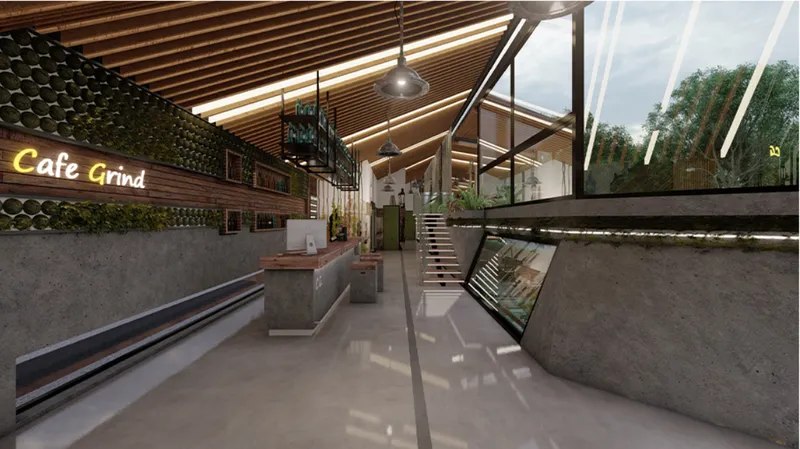 The central café interior blends natural light, greenery, and communal gathering spaces.