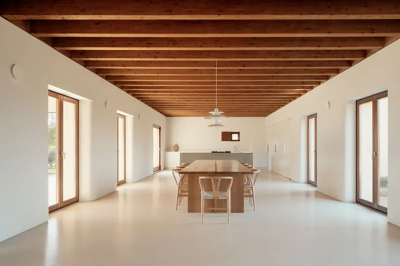 Open-plan dining space with exposed timber ceiling joists and timber-framed glazed doors on both sides