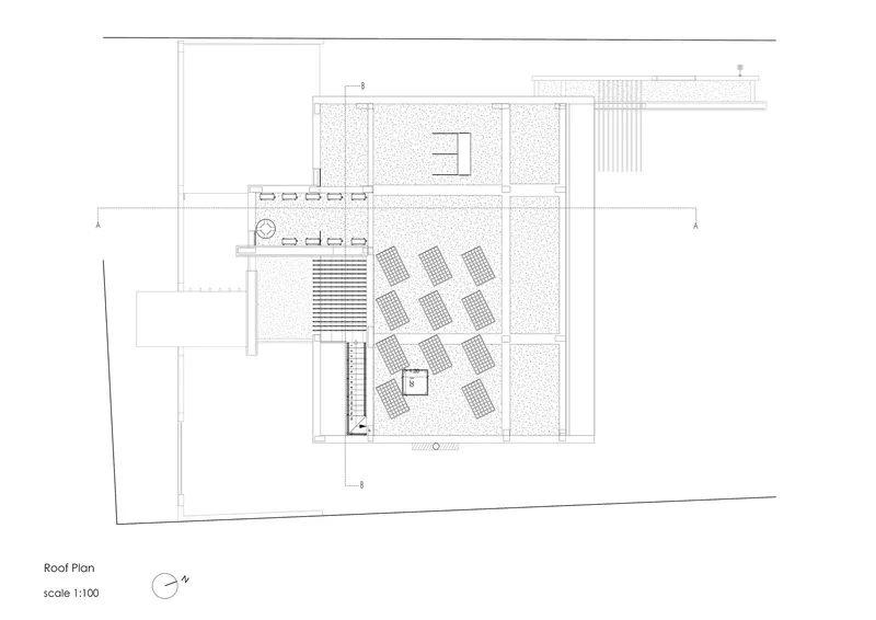 Roof plan drawing showing rooftop terrace with loungers and perimeter screening