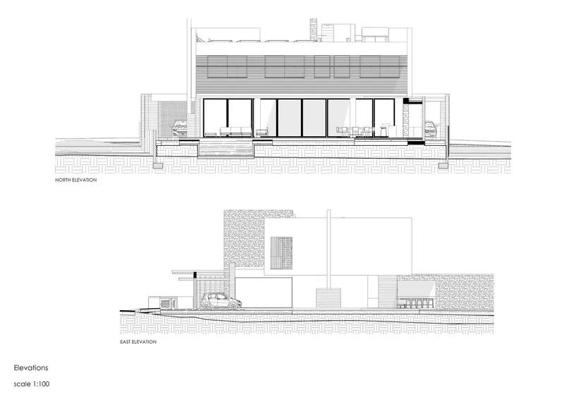 North and east elevation drawings showing horizontal louver systems and glazed openings