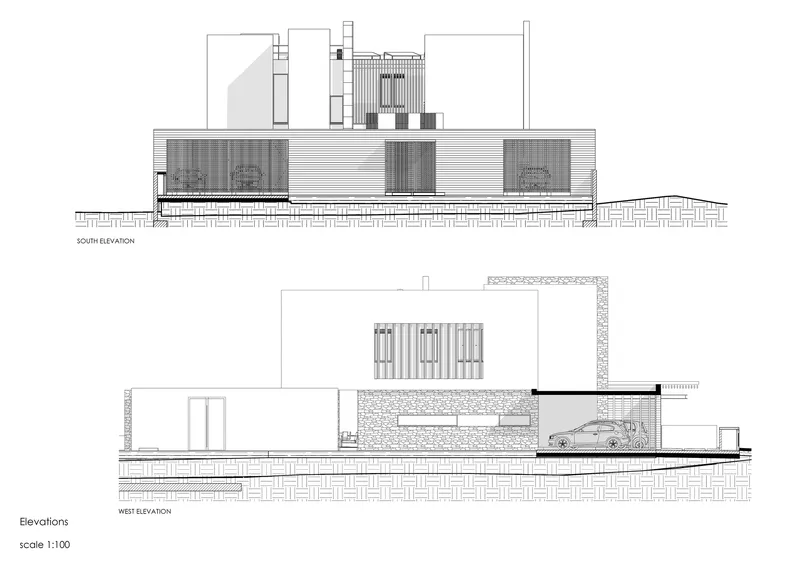 South and west elevation drawings showing perforated screens and recessed garage with car