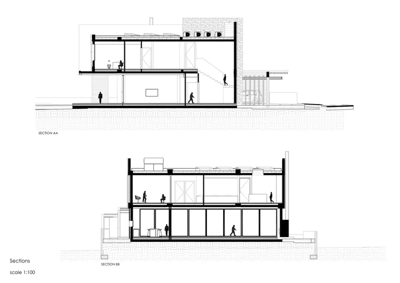 Section drawings showing two-story interior volumes with figures and central courtyard void