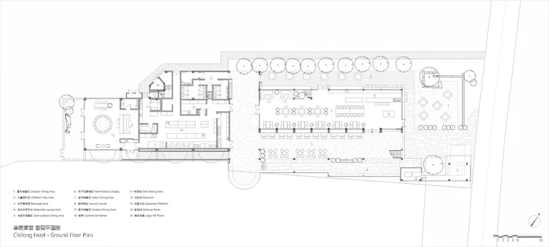 Ground floor plan drawing showing dining hall and service spaces with tree symbols along the perimeter
