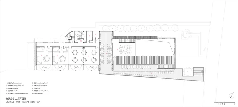 Second floor plan drawing showing dining rooms on the left and a large hall with timber roof on the right