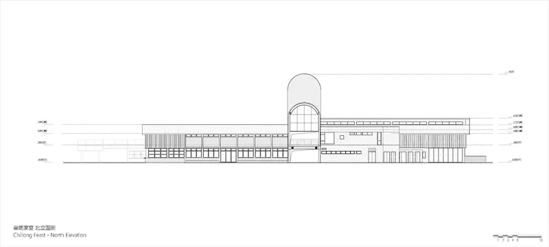 North elevation drawing showing a barrel-vaulted entry volume flanked by low horizontal wings with timber cladding
