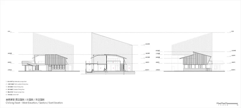 Section and elevation drawings showing the barrel vault interior, curved roof profiles, and timber structure details