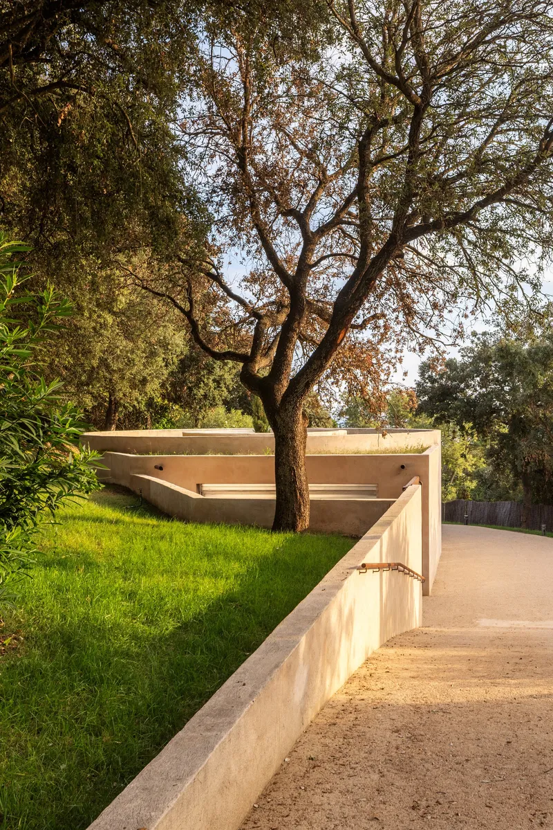 Walkway bordered by low sand-colored retaining walls and grassy slopes beneath an old tree