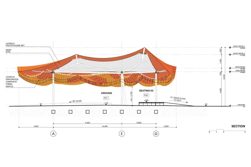 Section drawing showing the layered canopy structure, supporting columns, and seating area below
