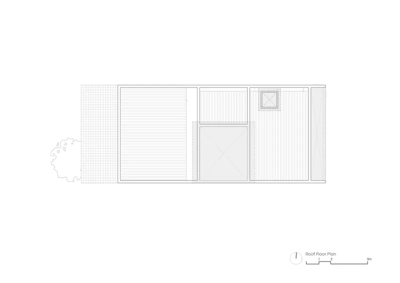 Roof plan drawing showing decking zones, vertical slat panels, skylight, and perimeter tree