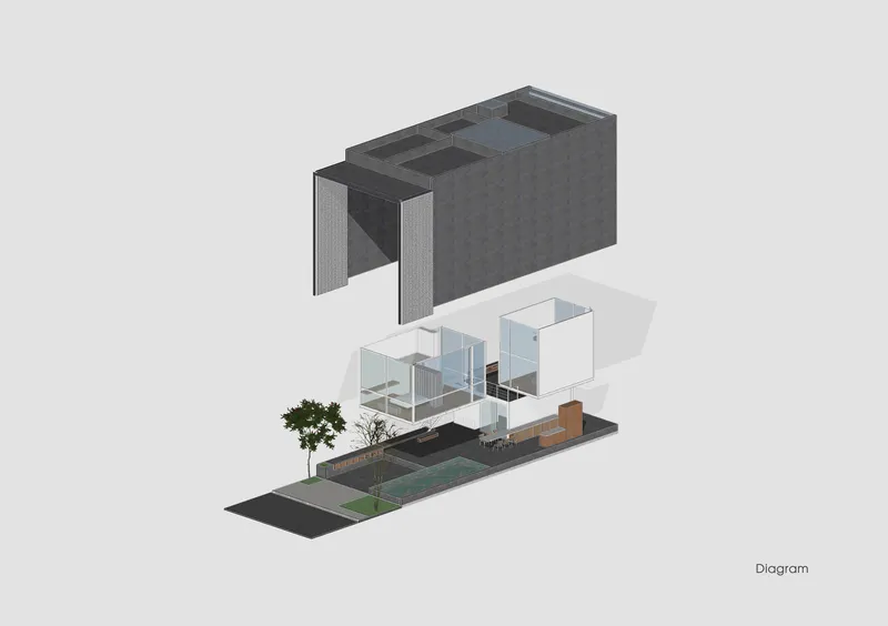Exploded axonometric diagram with brick shell floating above transparent interior volumes and landscaped site