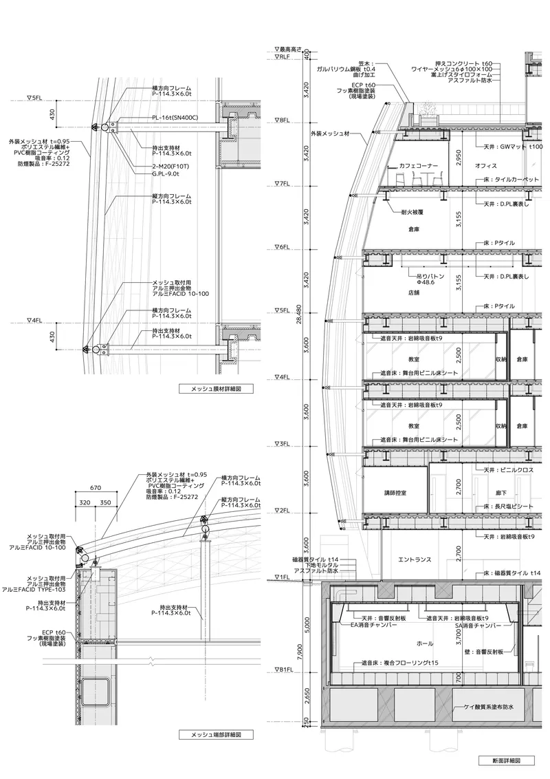 Section drawing showing vertical floor levels, facade details, and structural connections with Japanese annotations