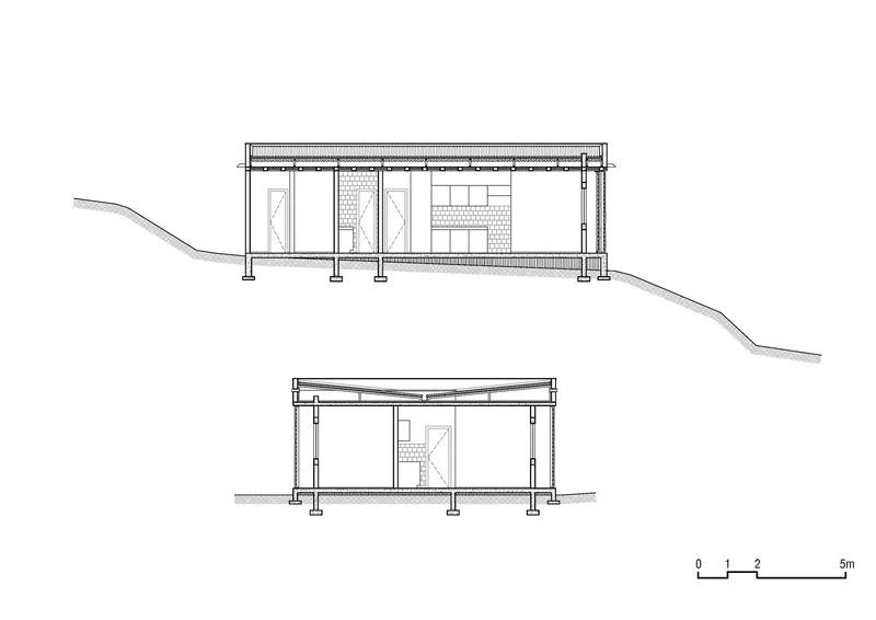 Section drawings showing the timber column structure and sloped metal roof on hillside terrain