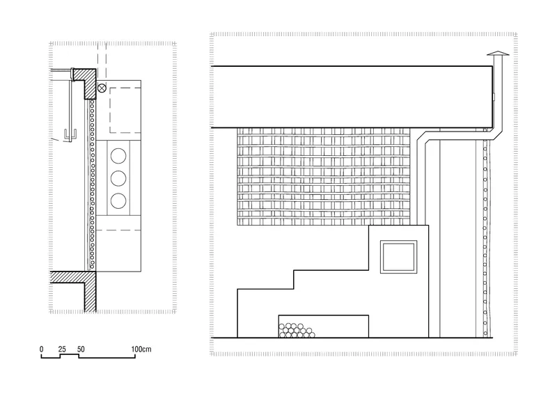 Plan and detail drawing of kitchen layout with gridded tiled surface and adjacent storage