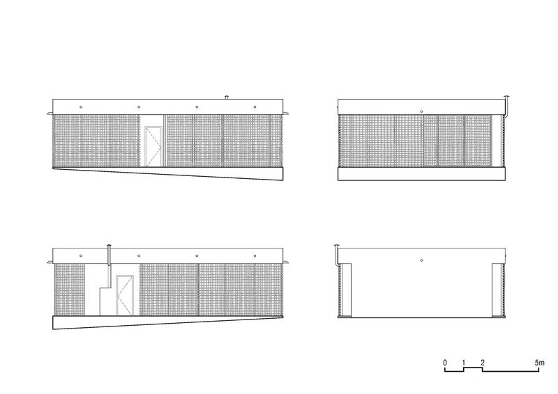Elevation drawings showing four facades with textured screen panels and door openings