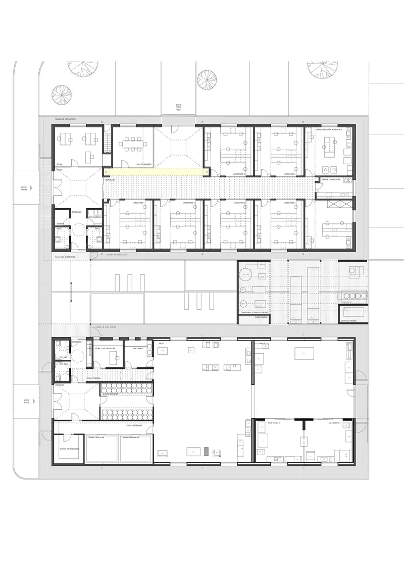 Floor plan drawing showing two rectangular volumes with multiple rooms surrounding a central courtyard corridor
