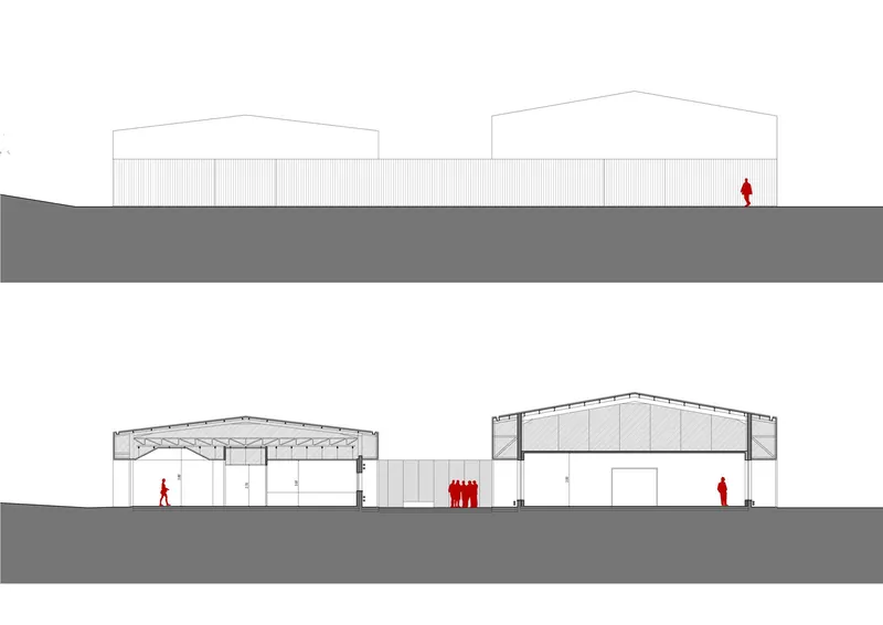 Section drawings showing two gabled warehouse structures with human figures indicating scale at ground level