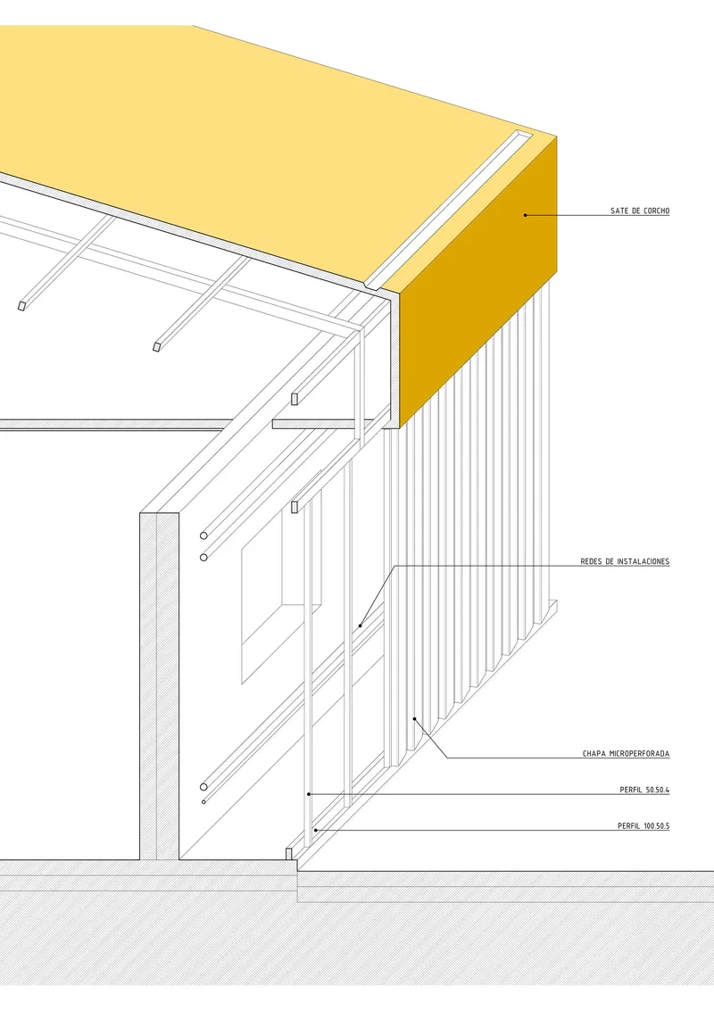 Axonometric detail drawing of a steel frame connection with yellow fascia and vertical corrugated cladding